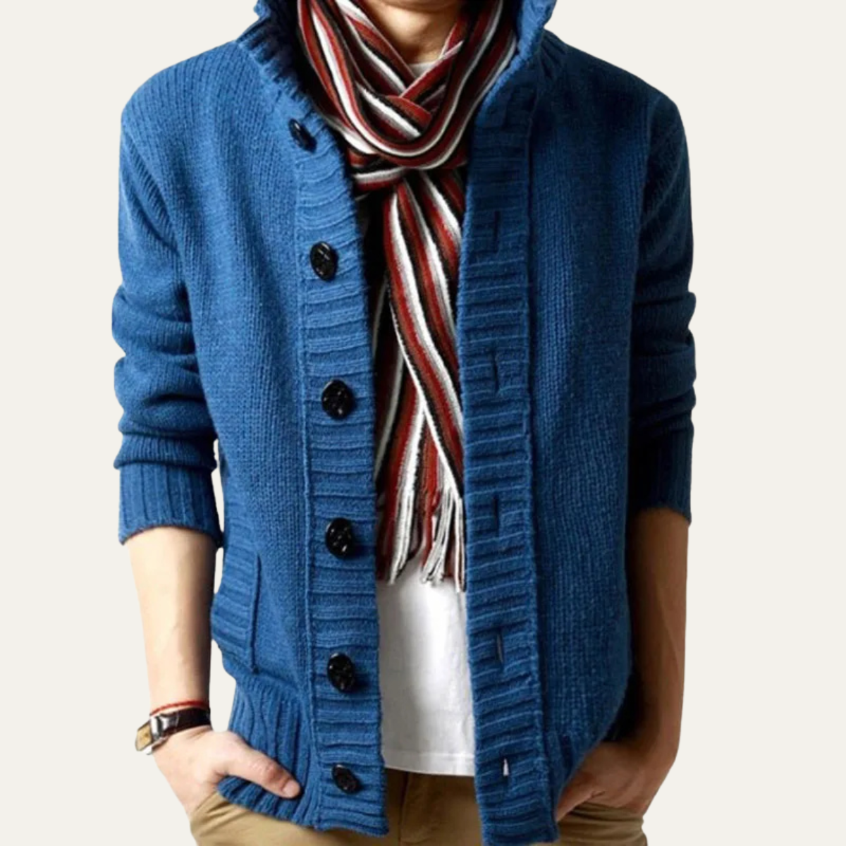 Men's Chunky Knit Cardigan High Neck Button Up Winter Wool