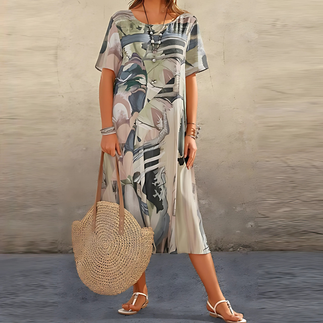 Women's Printed Midi Dress Short Sleeve