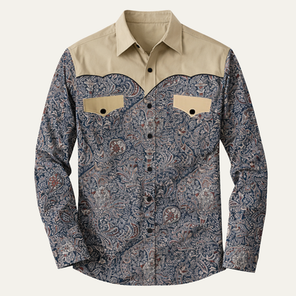 Men's Western Denim Shirt Soft Two Tone Patchwork Blue - Fashinoza