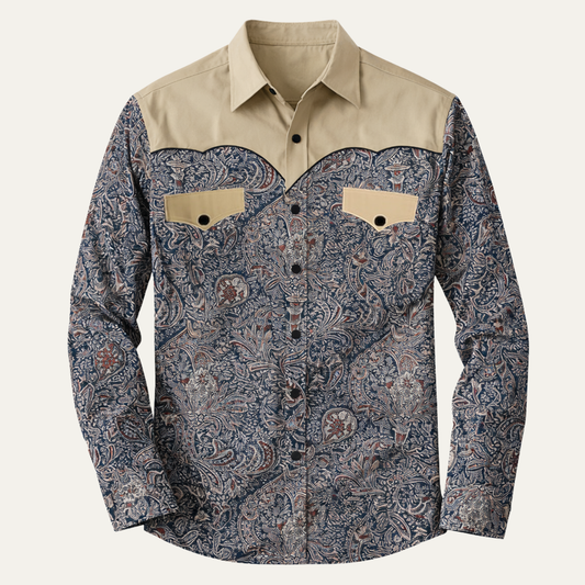 Men's Western Denim Shirt Soft Two Tone Patchwork Blue - Fashinoza