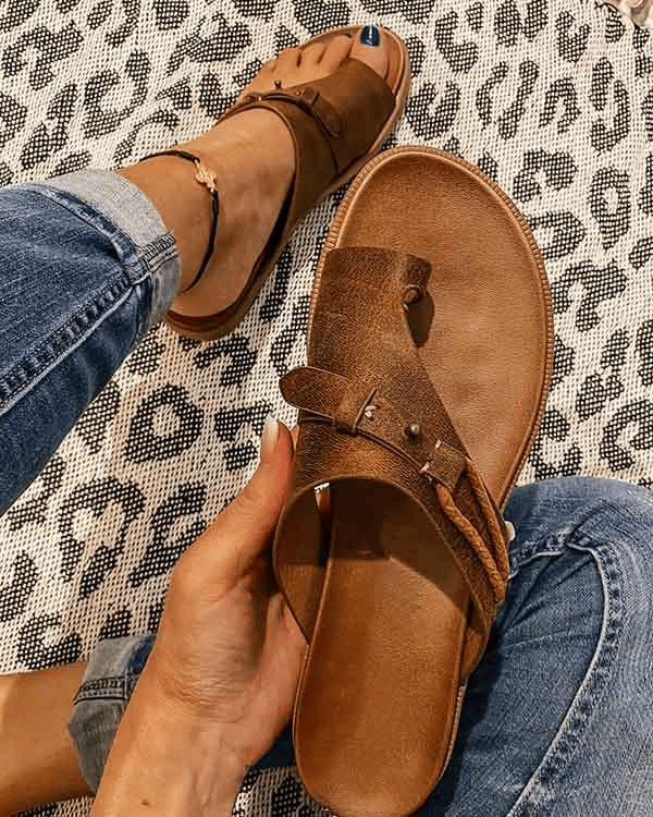 Women's Flat Slide Sandals Slip-On Leather Brown