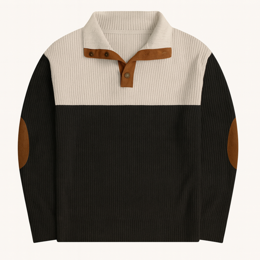 Men's Corduroy Sweater Color Block Button Neck Red - Fashinoza