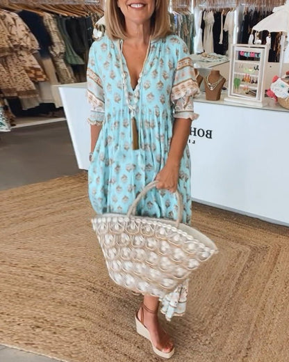 Women's Floral Lace V Neck Flowy Dress - Fashinoza