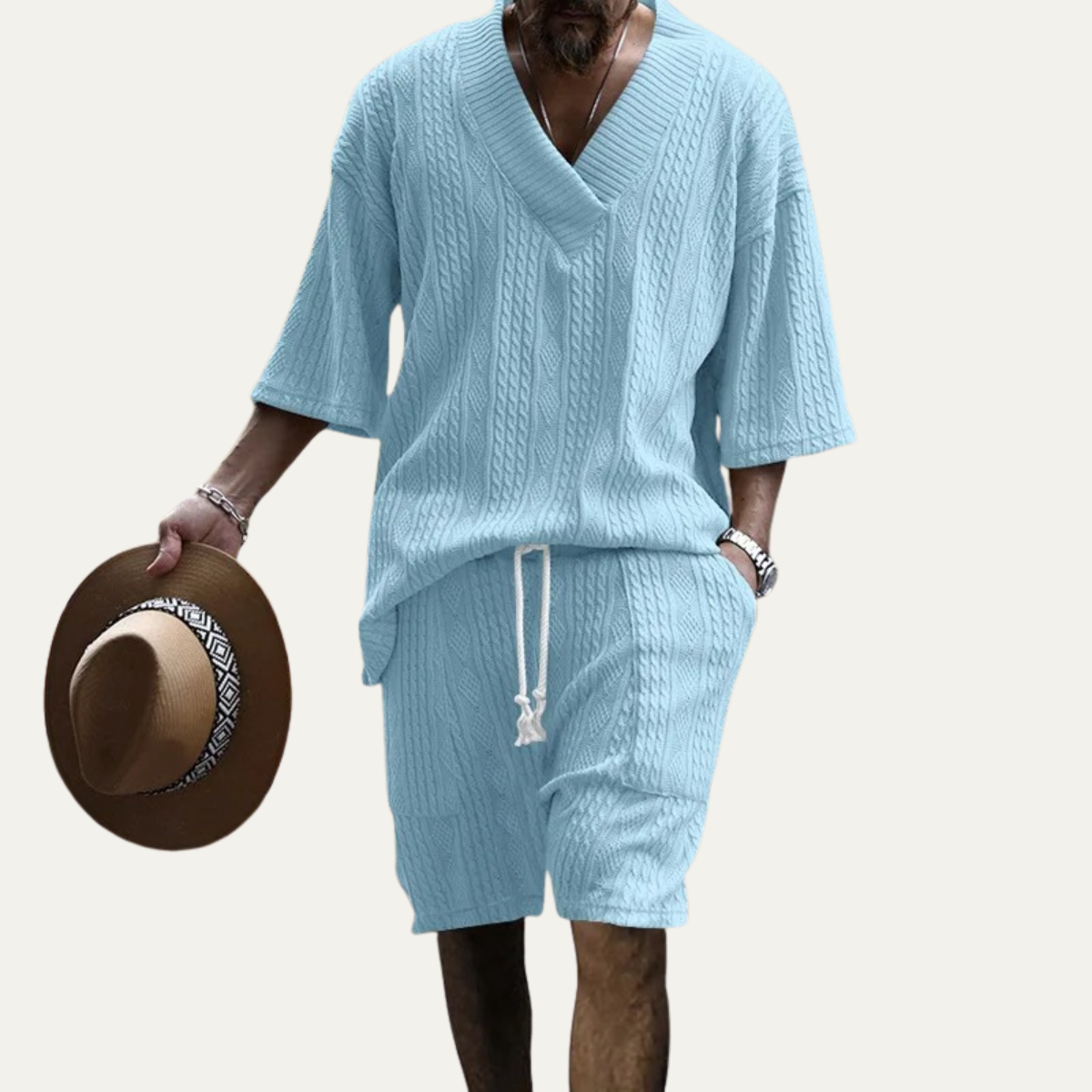 Men's Summer Knit Polo Shirt And Shorts Set Lightweight Red