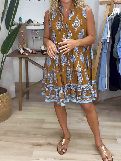 Women's V-Neck Sleeveless Tiered Mini Dress Boho Print - Fashinoza