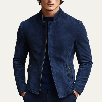 Men's Navy Suede Bomber Jacket Slim Fit Stand Collar