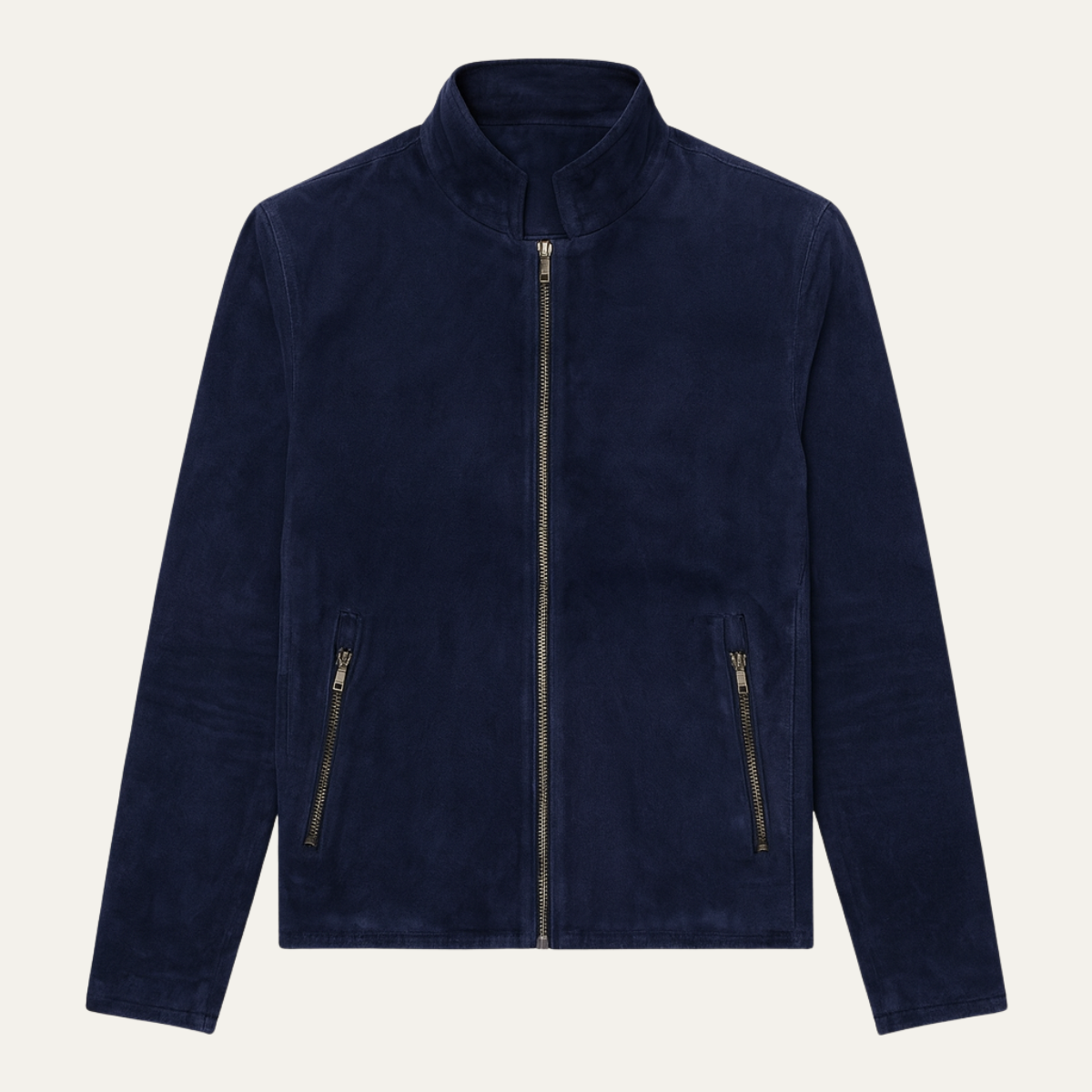 Men's Navy Suede Bomber Jacket Slim Fit Stand Collar - Fashinoza