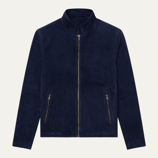 Men's Navy Suede Bomber Jacket Slim Fit Stand Collar - Fashinoza