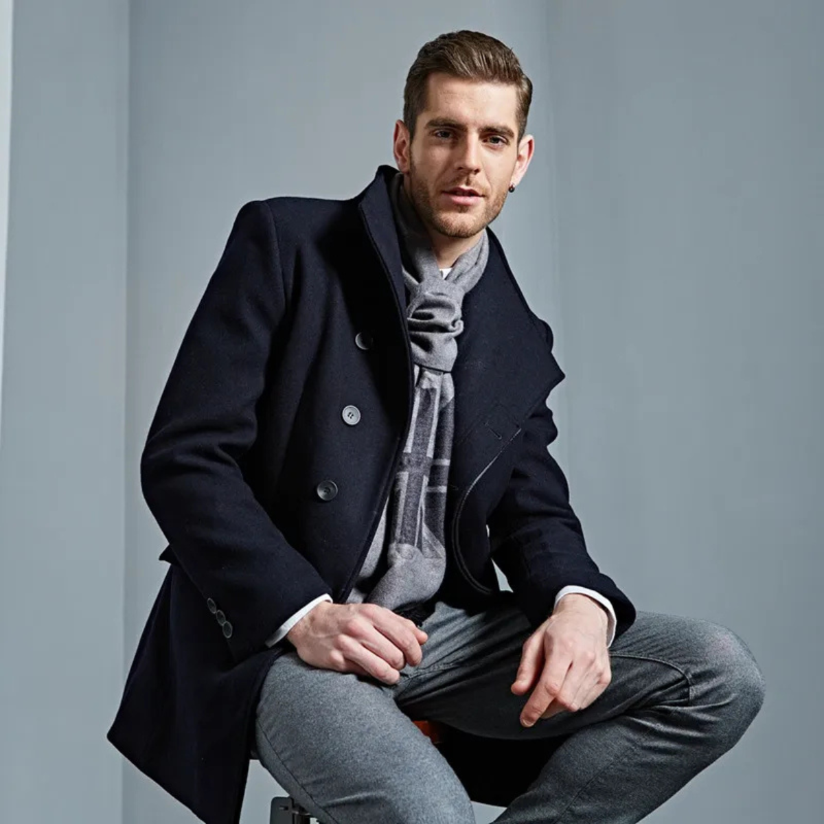 Men's Single Breasted Winter Jacket Wool Black