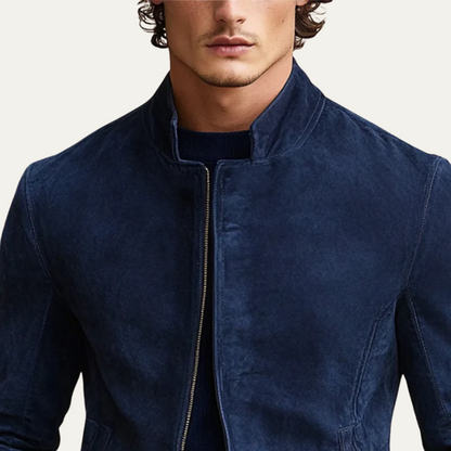 Men's Navy Suede Bomber Jacket Slim Fit Stand Collar