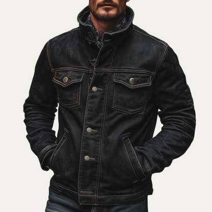 Men's Black Denim Trucker Jacket Vintage Washed Multi Pocket