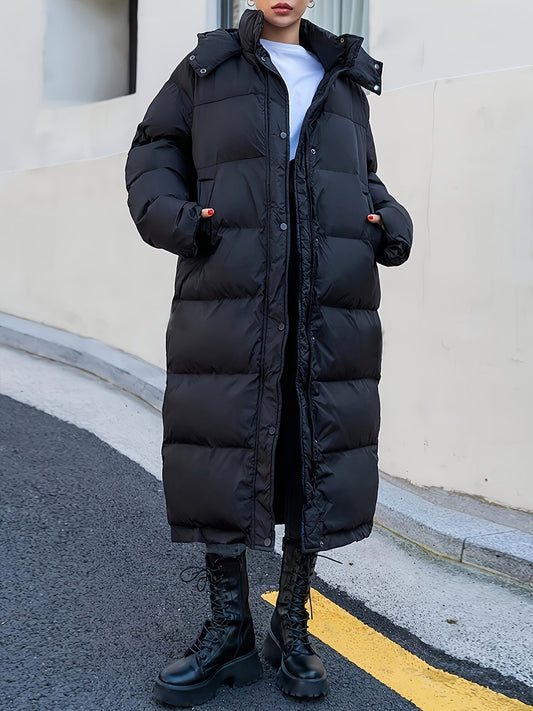 Women's Long Black Puffer Jacket Quilted Hooded - Fashinoza