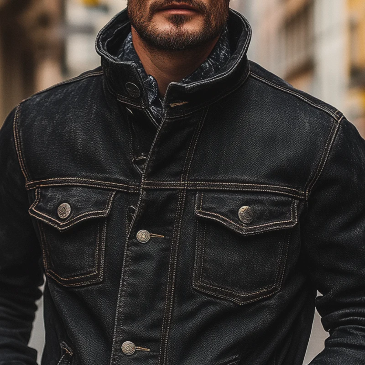 Men's Black Denim Trucker Jacket Vintage Washed Multi Pocket