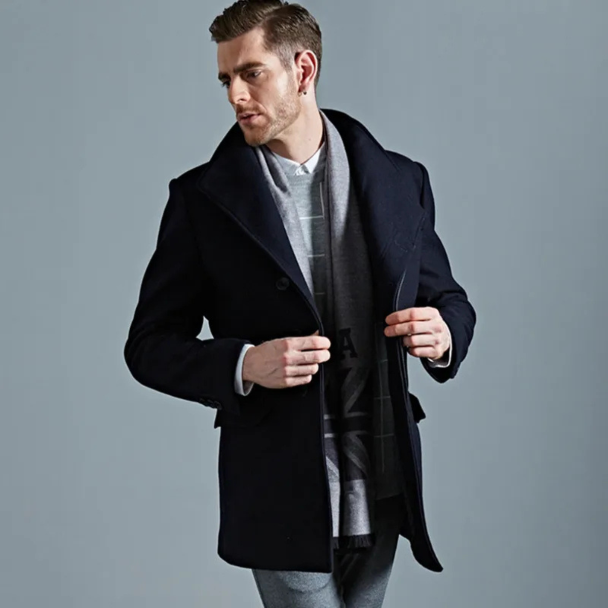 Men's Single Breasted Winter Jacket Wool Black