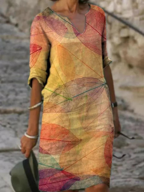 Women's Midi Dress V-Neck Three-Quarter Sleeves Leaf Print - 
Fashinoza