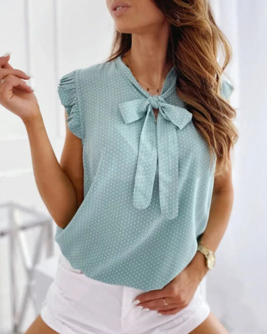 Women's Ruffle Blouse Sleeveless Bow Detail - Fashinoza