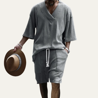 Men's Summer Knit Polo Shirt And Shorts Set Lightweight Red