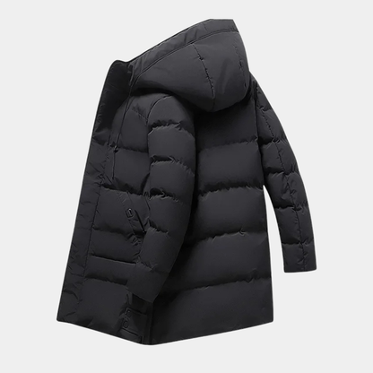 Men's Long Hooded Puffer Jacket Cotton Filled Black
