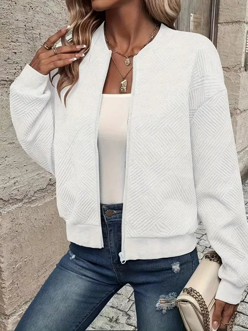 Women's Zip-Up Cardigan Textured Ribbed Hem Long Sleeves