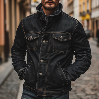 Men's Black Denim Trucker Jacket Vintage Washed Multi Pocket