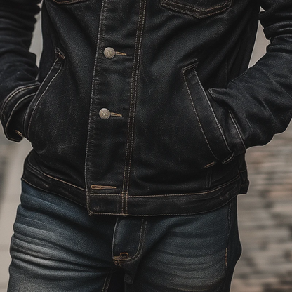 Men's Black Denim Trucker Jacket Vintage Washed Multi Pocket