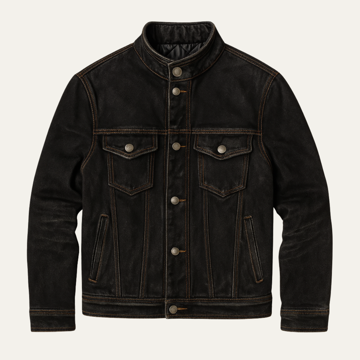 Men's Black Denim Trucker Jacket Vintage Washed Multi Pocket - Fashinoza