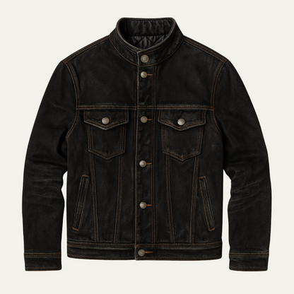 Men's Black Denim Trucker Jacket Vintage Washed Multi Pocket - Fashinoza