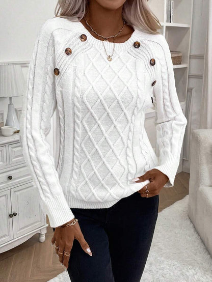 Women's Cable Knit Round Neck Sweater - Fashinoza