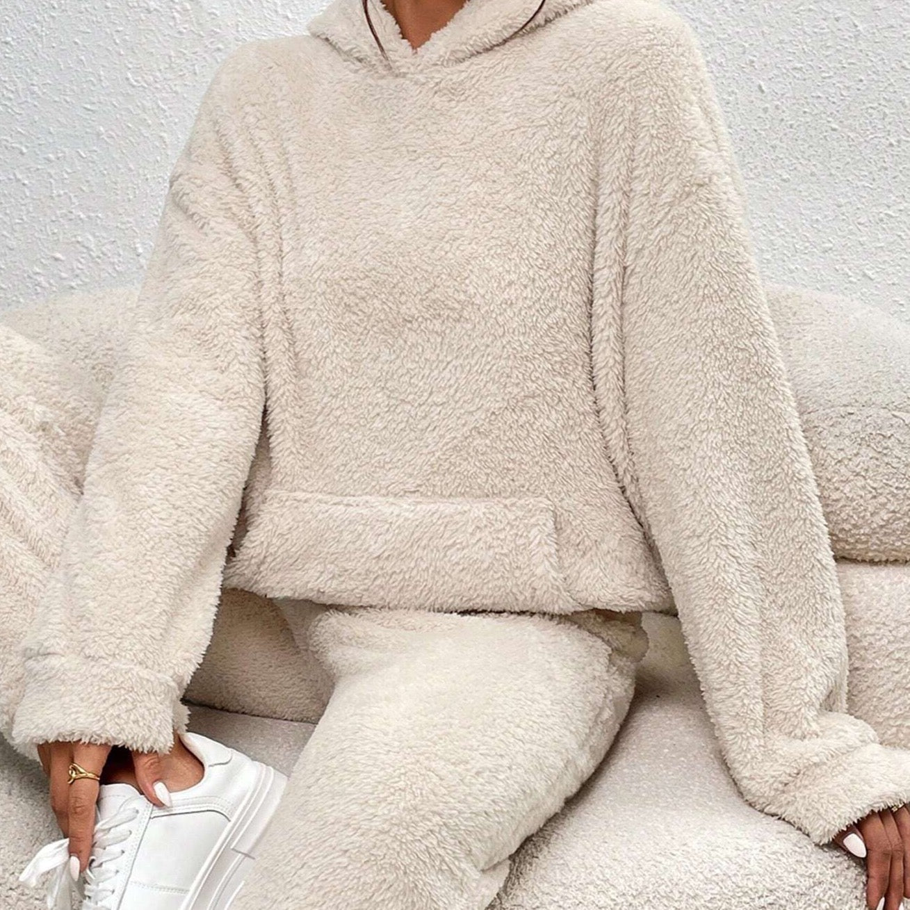 Teddy Hooded Housesuit Soft Cozy Beige - Fashinoza