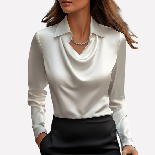 Women's Satin Blouse Draped Collar - Fashinoza