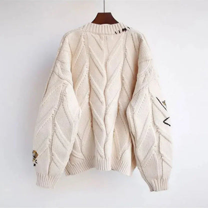 Women's Knitted Cardigan V-Neck Patchwork Embroidery