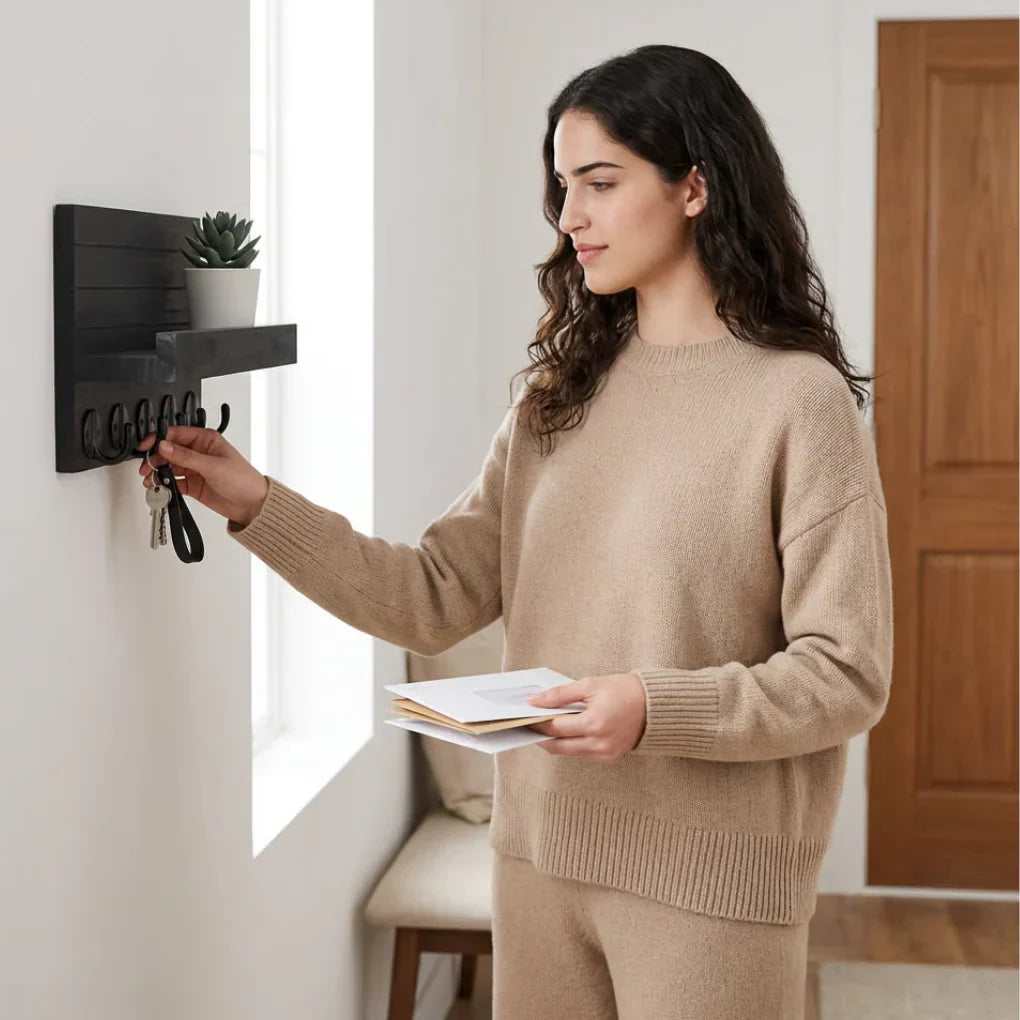 Wall Key Mail Holder Wooden Shelf