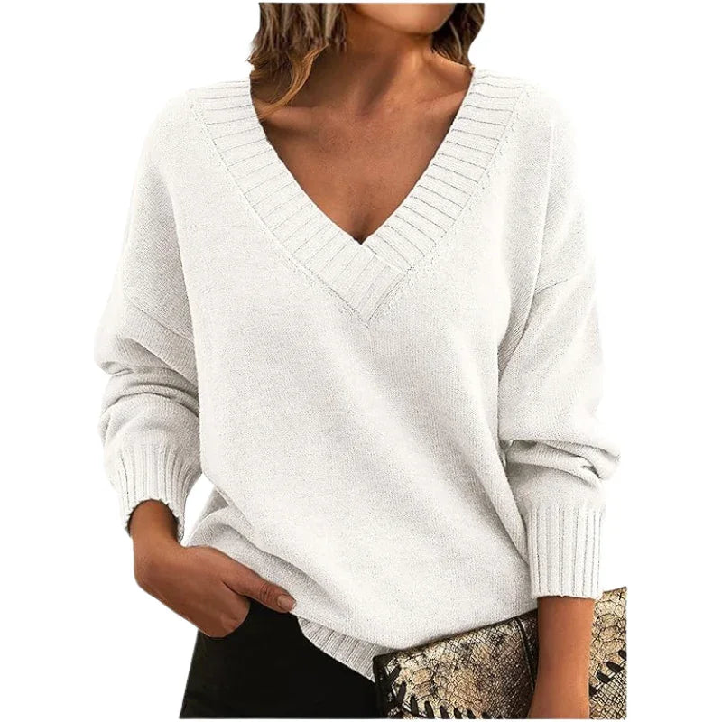 Women's Textured Knit Sweater Relaxed Fit V-Neck Cozy