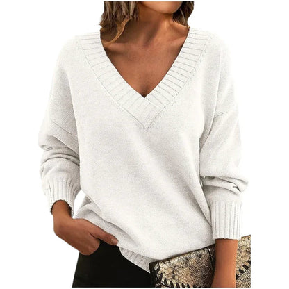 Women's Textured Knit Sweater Relaxed Fit V-Neck Cozy
