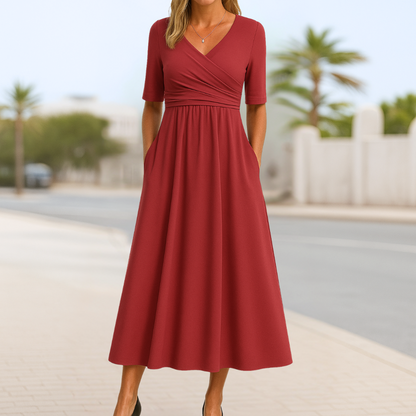Women's Red Midi V-Neck Evening Dress