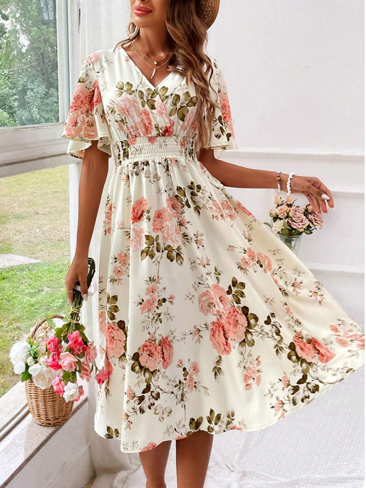Women's Floral V-Neck Dress - 
Fashinoza