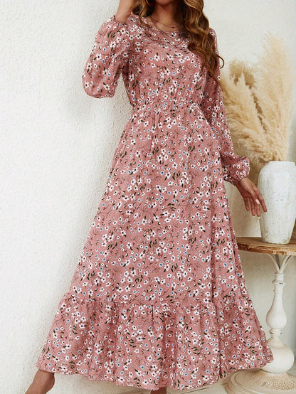 Women's Floral Maxi Dress Smocked Waist Bishop Sleeves