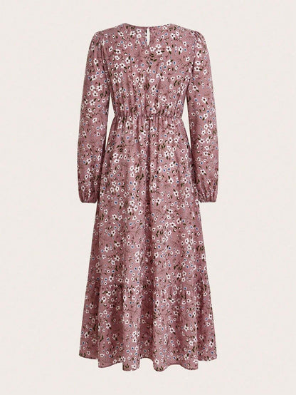 Women's Floral Maxi Dress Smocked Waist Bishop Sleeves