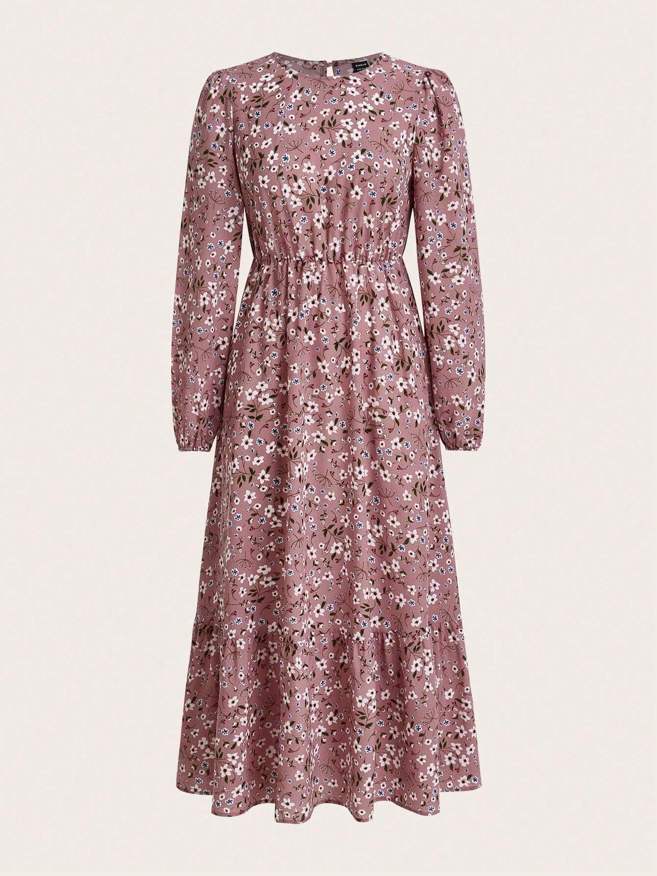 Women's Floral Maxi Dress Smocked Waist Bishop Sleeves