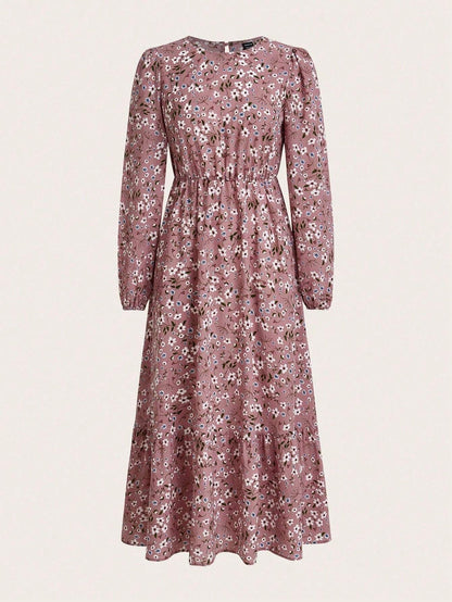 Women's Floral Maxi Dress Smocked Waist Bishop Sleeves