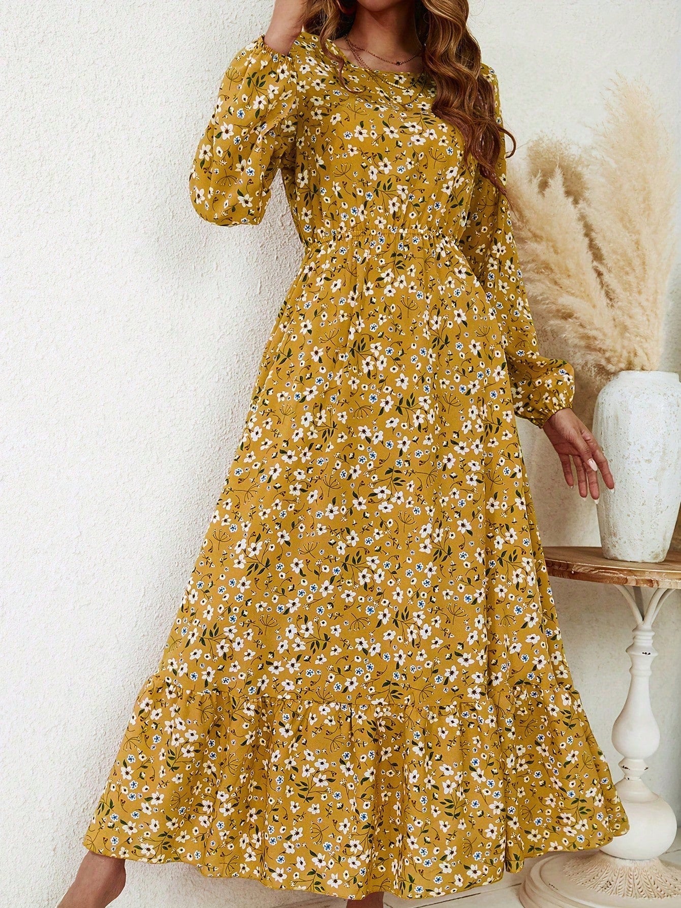 Women's Floral Maxi Dress Smocked Waist Bishop Sleeves