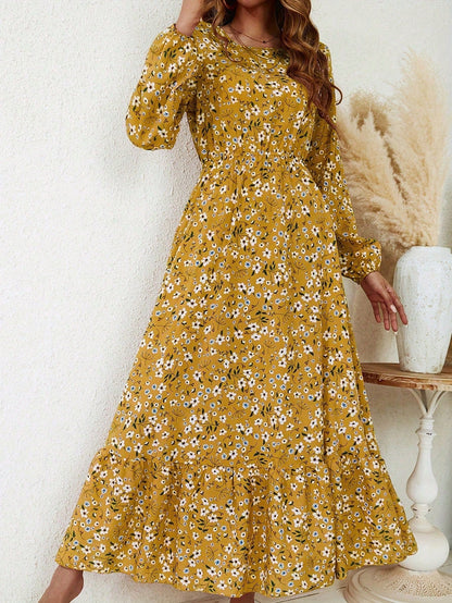 Women's Floral Maxi Dress Smocked Waist Bishop Sleeves