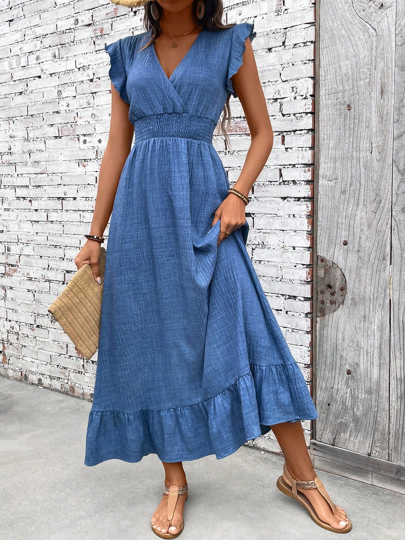 Women's V-Neck Maxi Dress Smocked Waist Ruffle Hem - Fashinoza