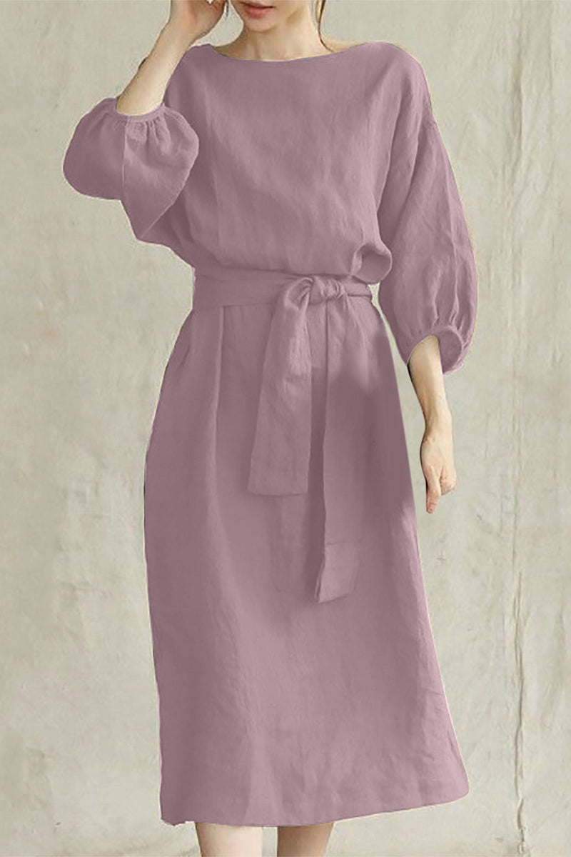 Linen Blend Midi Dress with Tie Waist