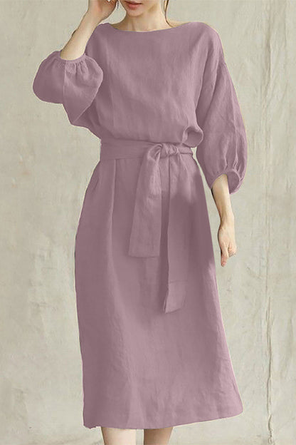 Linen Blend Midi Dress with Tie Waist