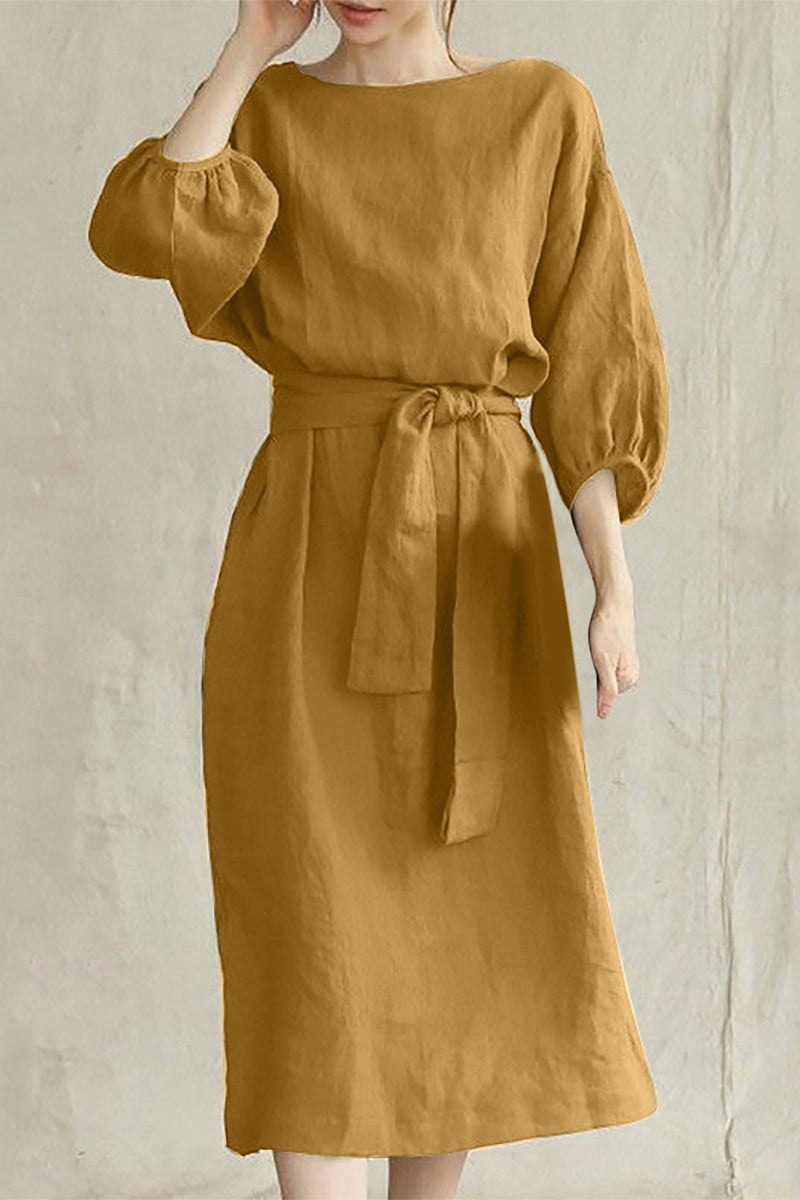 Linen Blend Midi Dress with Tie Waist
