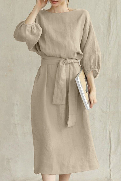 Linen Blend Midi Dress with Tie Waist