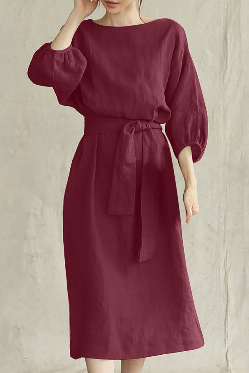 Linen Blend Midi Dress with Tie Waist