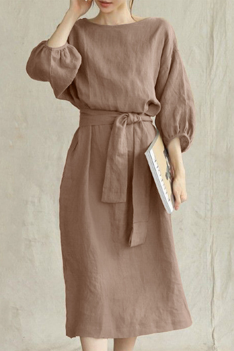 Linen Blend Midi Dress with Tie Waist