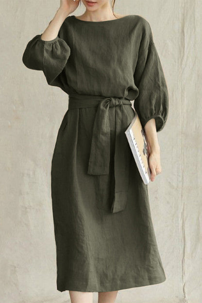 Linen Blend Midi Dress with Tie Waist
